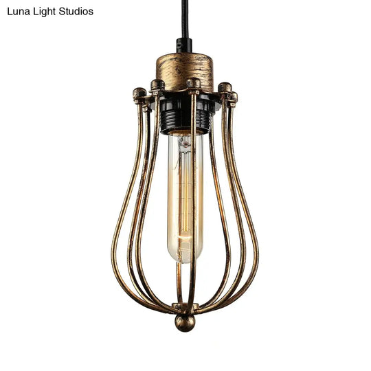 Caged Metal Pendant Light - Industrial Hanging Lamp With Teardrop Shade In Brass/White/Black