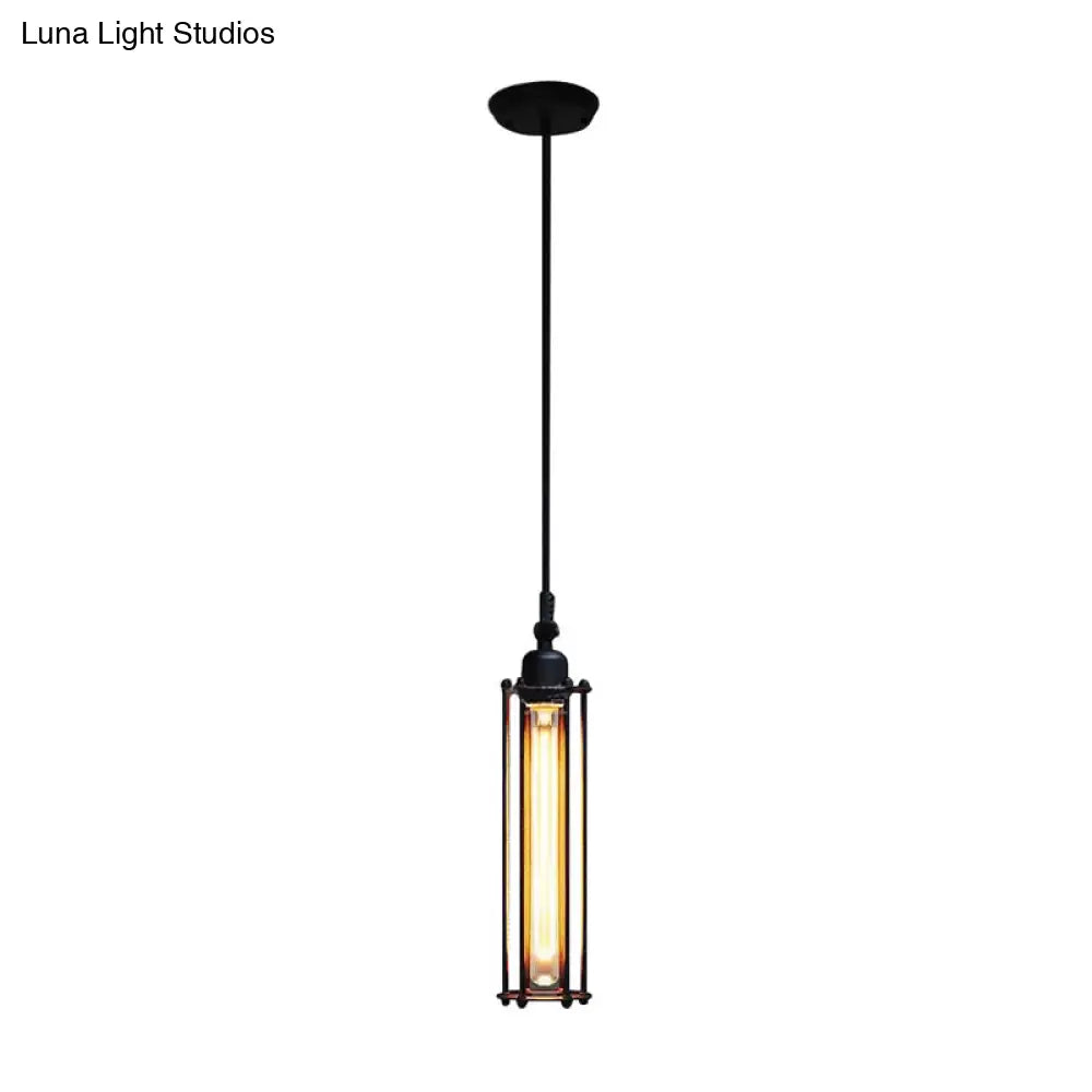 Industrial Hanging Pendant Light With Metal Wire Guard And Tube Shade In Black - Bedroom Lighting