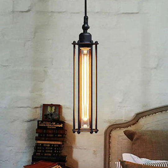 Industrial Metal Pendant Light With Tube Shade And Wire Guard - Black Finish