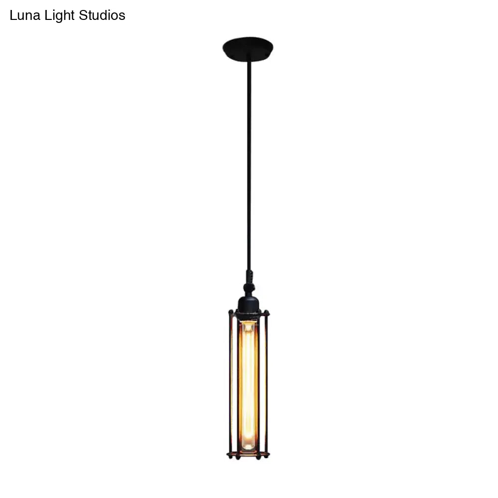 Industrial Metal Pendant Light With Tube Shade And Wire Guard - Black Finish