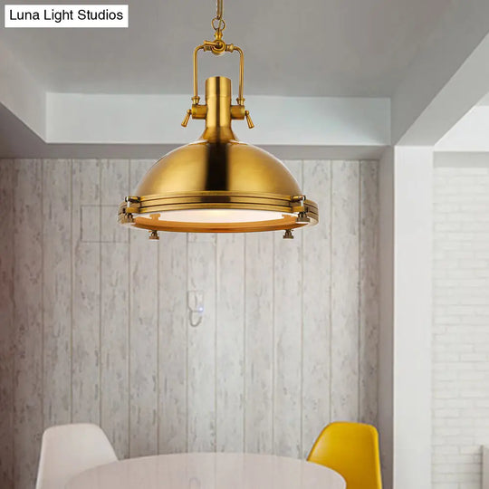 1-Light Industrial Metal Pendant With Antique Brass/Brass/Copper Finish And Frosted Diffuser Brass