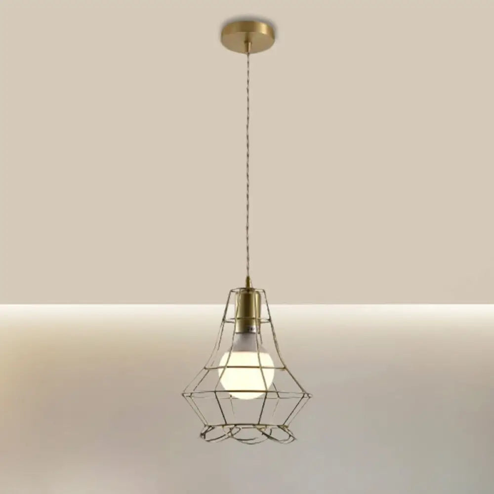 Industrial Metal Pendant Lighting With Gold Finish And Wire Frame For Dining Room - 1 Head