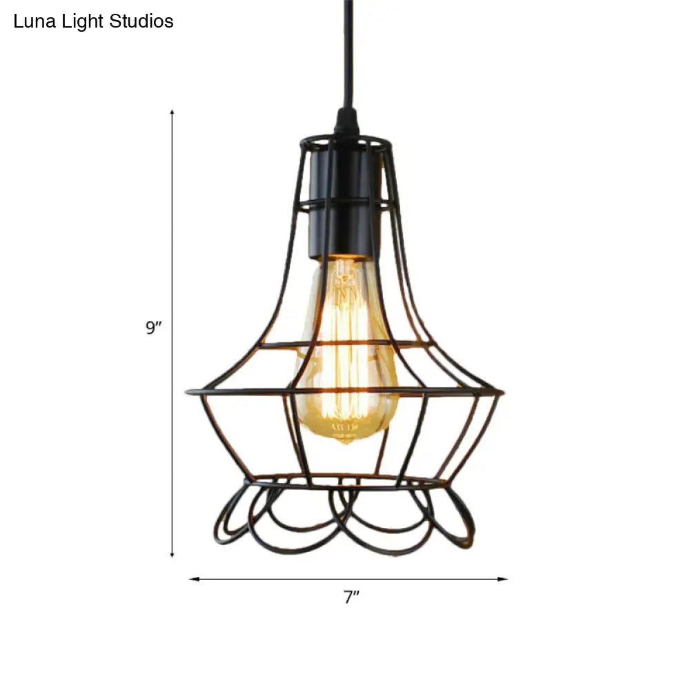 Metal Industrial Pendant Lighting With Flower Cage Shade - Height Adjustable Ceiling Fixture For