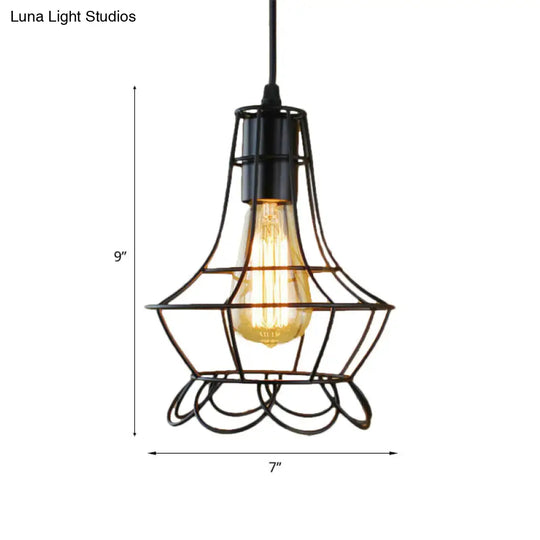 Metal Industrial Pendant Lighting With Flower Cage Shade - Height Adjustable Ceiling Fixture For