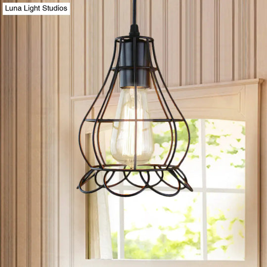 Metal Industrial Pendant Lighting With Flower Cage Shade - Height Adjustable Ceiling Fixture For