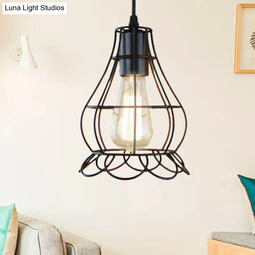 Metal Industrial Pendant Lighting With Flower Cage Shade - Height Adjustable Ceiling Fixture For