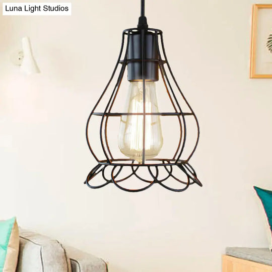 Metal Industrial Pendant Lighting With Flower Cage Shade - Height Adjustable Ceiling Fixture For