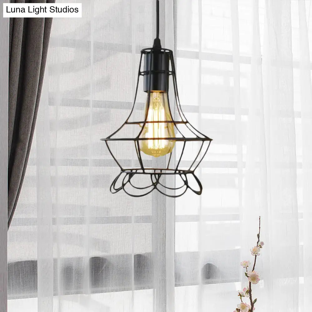 Industrial Metal Pendant Lighting With Height Adjustable Flower Cage Shade - Perfect For Bedroom