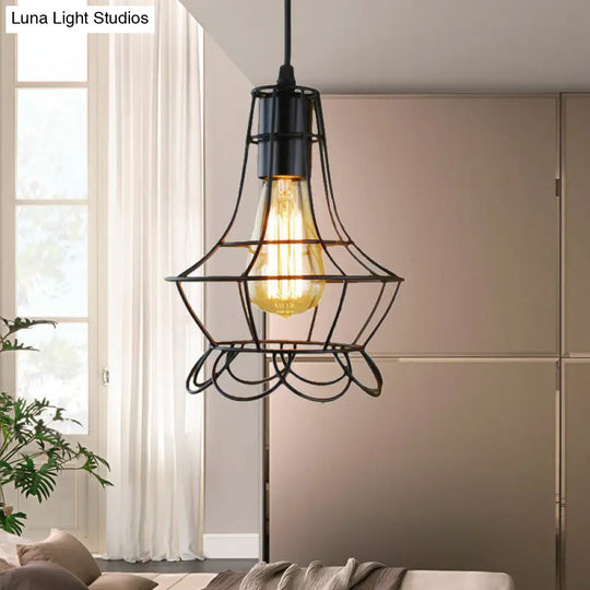 Industrial Metal Pendant Lighting With Height Adjustable Flower Cage Shade - Perfect For Bedroom