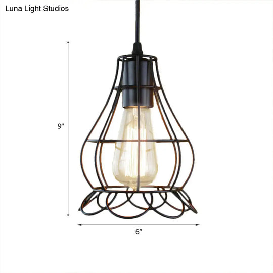 Metal Industrial Pendant Lighting With Flower Cage Shade - Height Adjustable Ceiling Fixture For