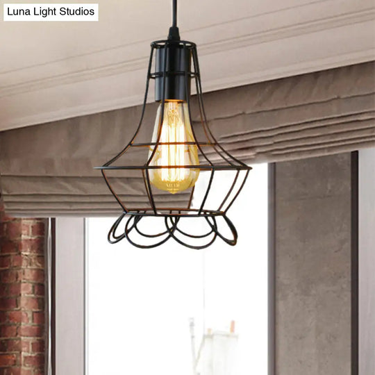 Metal Industrial Pendant Lighting With Flower Cage Shade - Height Adjustable Ceiling Fixture For