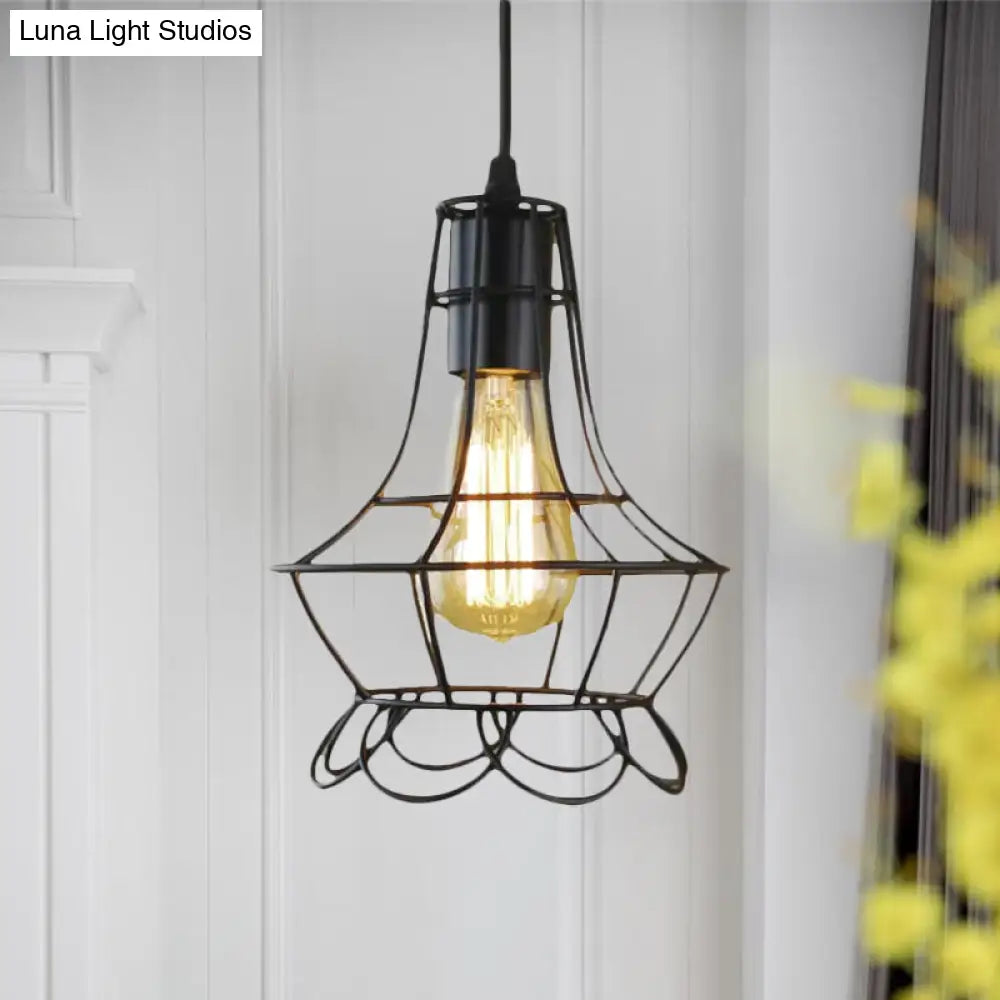 Metal Industrial Pendant Lighting With Flower Cage Shade - Height Adjustable Ceiling Fixture For