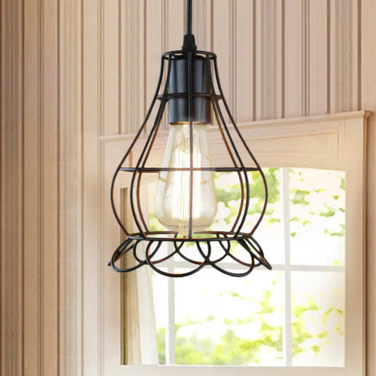 Industrial Metal Pendant Lighting With Height Adjustable Flower Cage Shade - Perfect For Bedroom