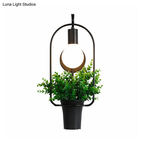 Industrial Metal Potted Plant Sconce With Led Bulb - Black Wall Lighting For Restaurants