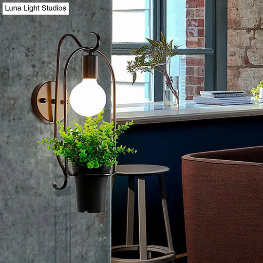 Industrial Metal Potted Plant Sconce With Led Bulb - Black Wall Lighting For Restaurants