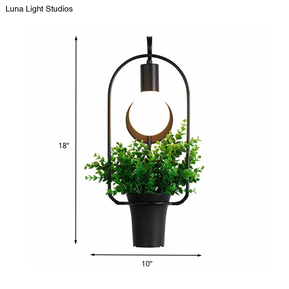 Industrial Metal Potted Plant Sconce With Led Bulb - Black Wall Lighting For Restaurants