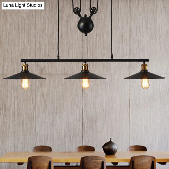 Industrial Metal Pulley Pendant Lighting With Black Cone Shades - Set Of 3 Island Lamps