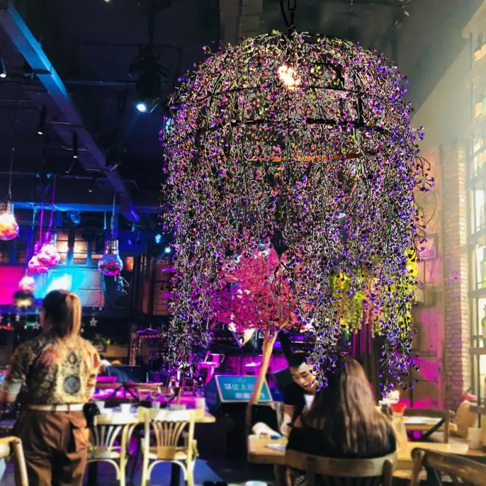 Industrial Metal Purple Bowl Pendant Light With Led Bulb And Flower Décor For Restaurants