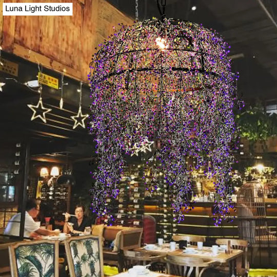 Industrial Metal Purple Bowl Pendant Light With Led Bulb And Flower Décor For Restaurants