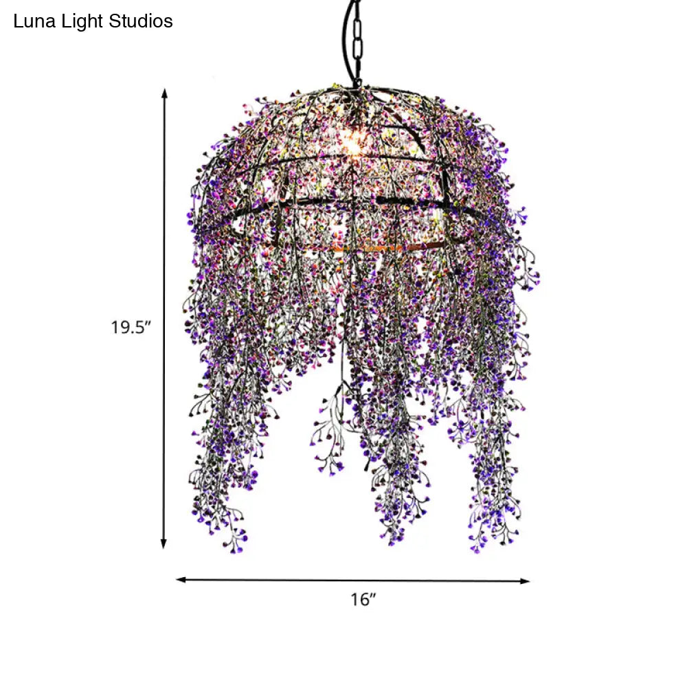 Industrial Metal Purple Bowl Pendant Light With Led Bulb And Flower Décor For Restaurants