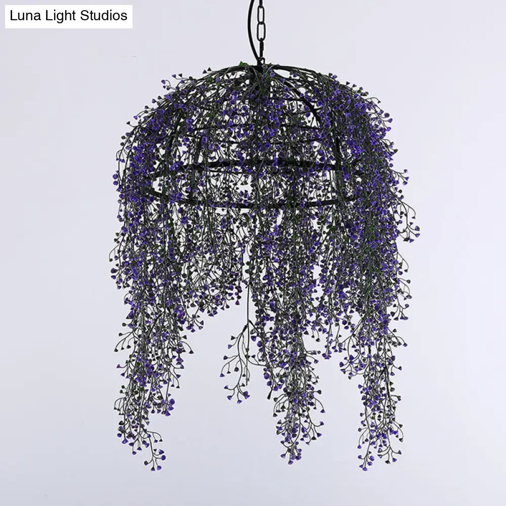 Industrial Metal Purple Bowl Pendant Light With Led Bulb And Flower Décor For Restaurants