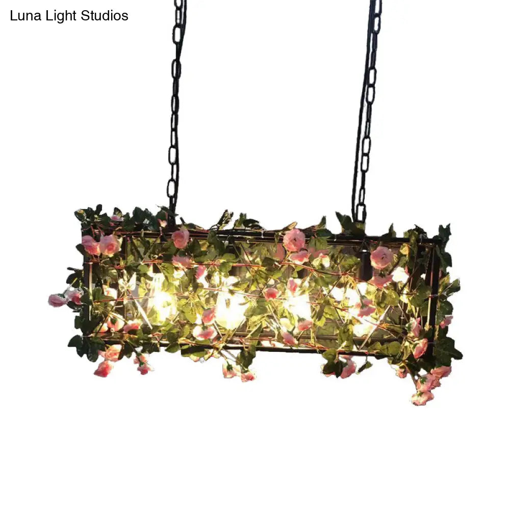 Industrial Metal Rectangle Led Island Lamp - Black Finish 4 Heads Flower Design For Restaurant