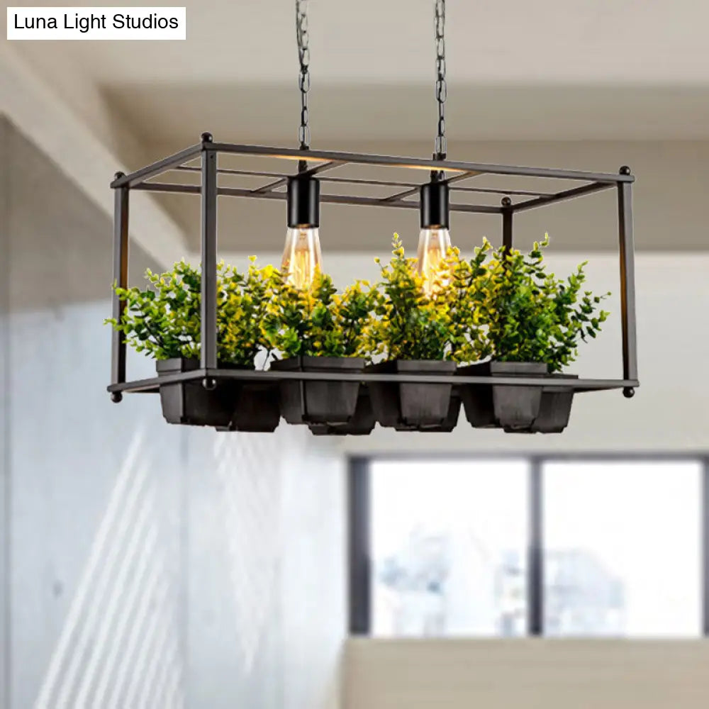 Industrial Metal Rectangular Led Plant Hanging Ceiling Light For Restaurants - Black 2 Heads Island