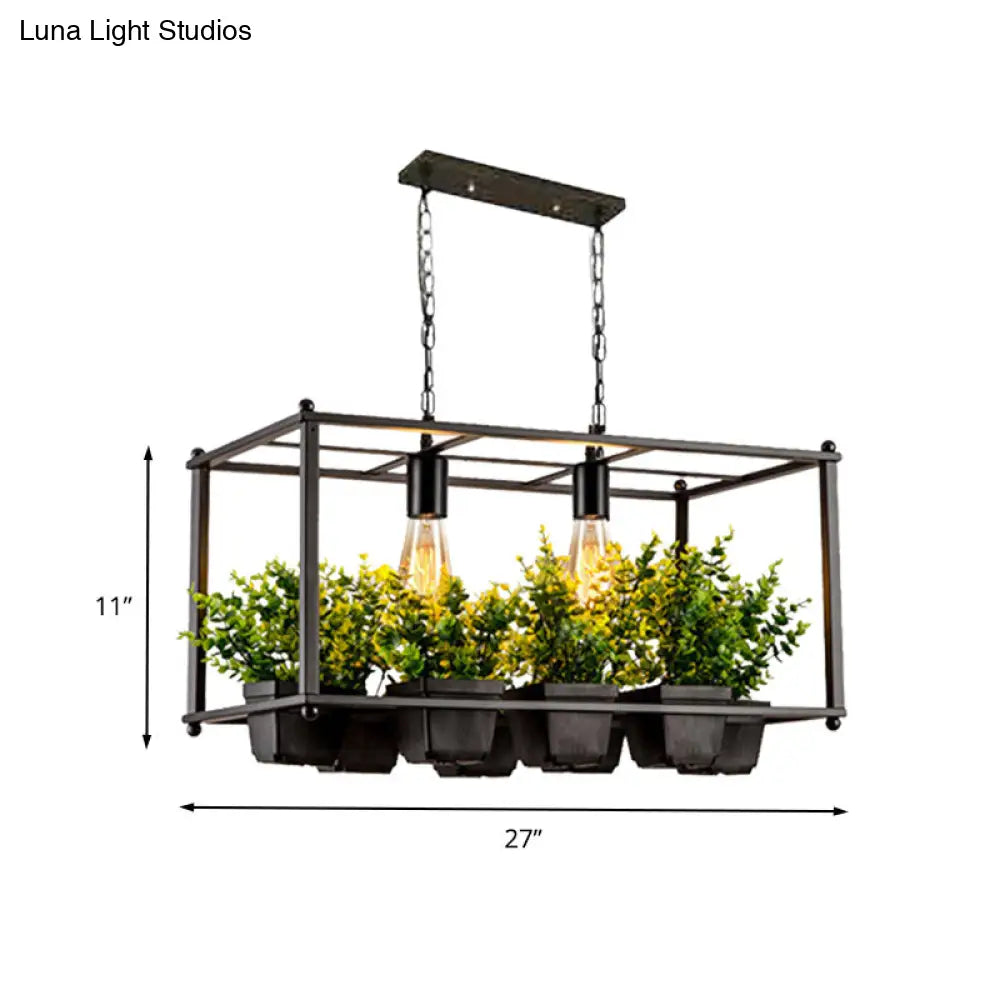 Industrial Metal Rectangular Led Plant Hanging Ceiling Light For Restaurants - Black 2 Heads Island