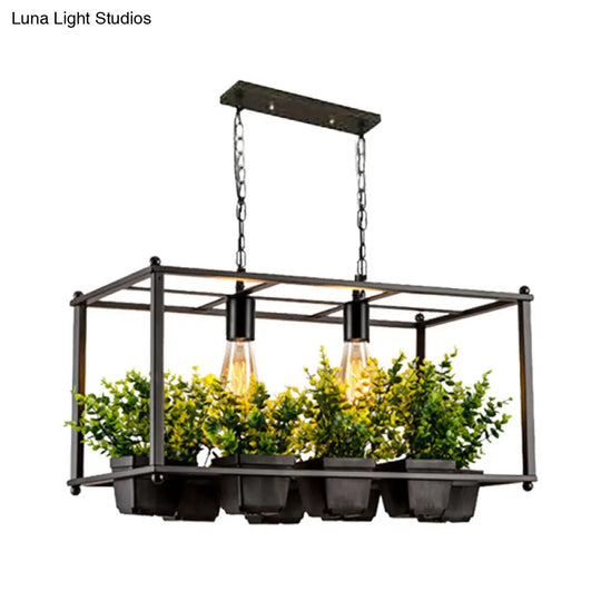 Industrial Metal Rectangular Led Plant Hanging Ceiling Light For Restaurants - Black 2 Heads Island