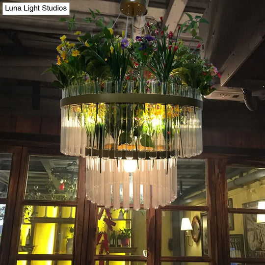 Industrial 4-Bulb Chandelier With Green Plant Pendant 1/2-Tier 19.5/29.5 W / 31.5