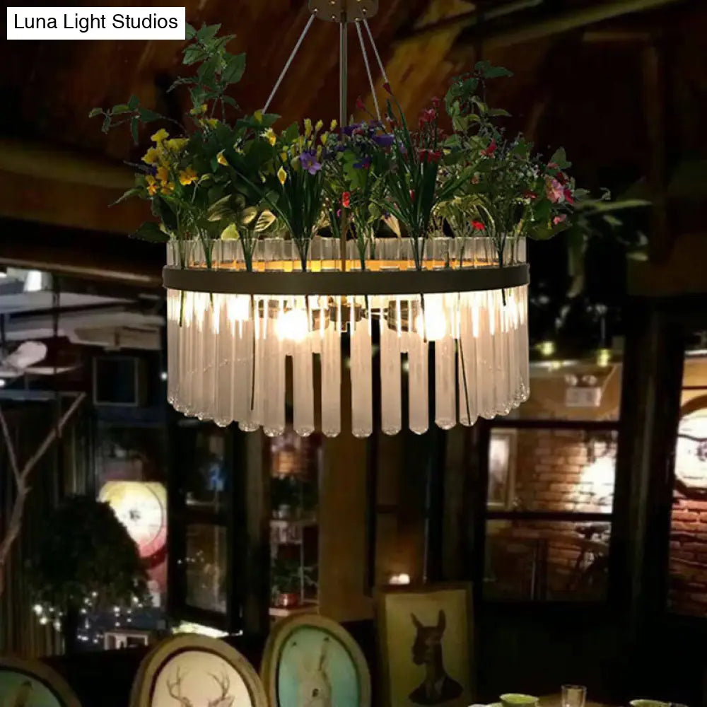 Industrial 4-Bulb Chandelier With Green Plant Pendant 1/2-Tier 19.5/29.5 W