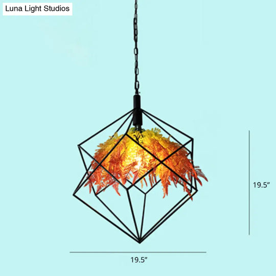 Industrial Style Metal Chandelier With Artificial Plant Suspension Lighting For Restaurants Orange