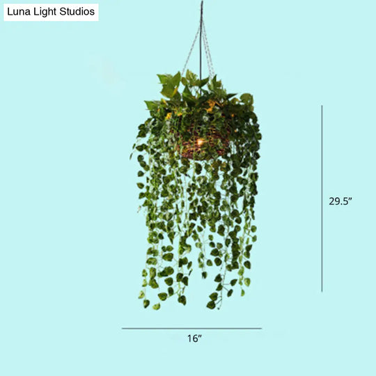 Industrial Style Metal Chandelier With Artificial Plant Suspension Lighting For Restaurants Green