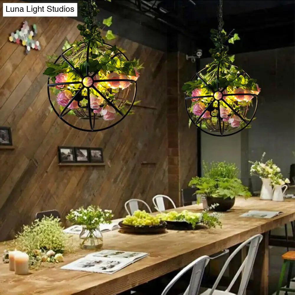 Industrial Metal Restaurant Chandelier With Artificial Plants - Suspended Lighting