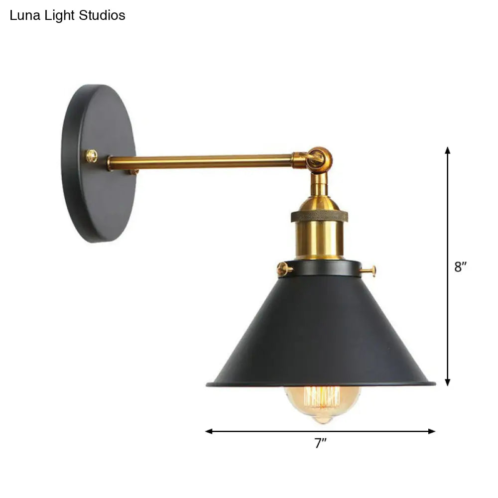 Industrial Metal Rotatable Wall Lamp In Black With Brass Arm And Open Bulb Design