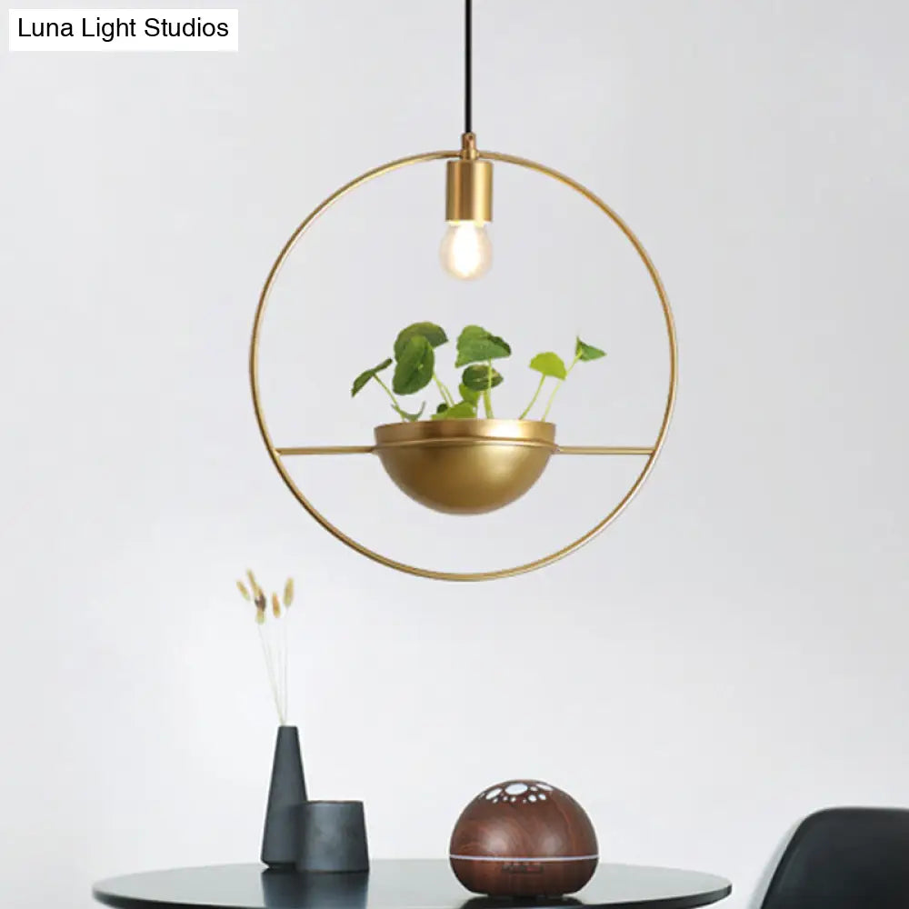Gold Industrial Metal Pendant Lamp With Hanging Plant Decoration - Round Ceiling Light