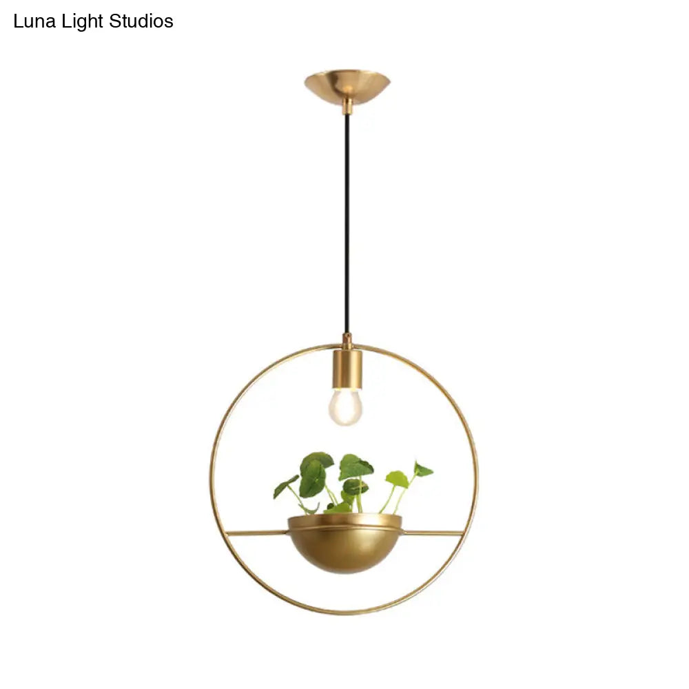 Gold Industrial Metal Pendant Lamp With Hanging Plant Decoration - Round Ceiling Light