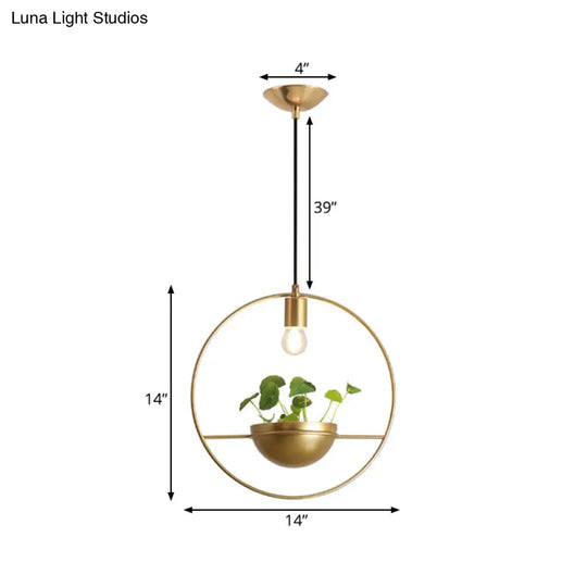 Industrial Metal Round Hanging Ceiling Light With Plant Decoration - Golden Head Pendant Lamp