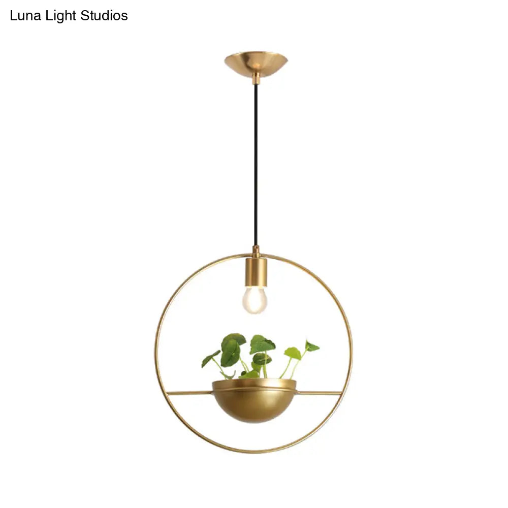 Industrial Metal Round Hanging Ceiling Light With Plant Decoration - Golden Head Pendant Lamp