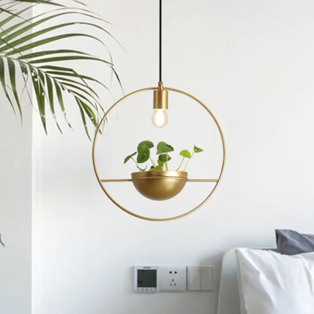 Industrial Metal Round Hanging Ceiling Light With Plant Decoration - Golden Head Pendant Lamp Gold