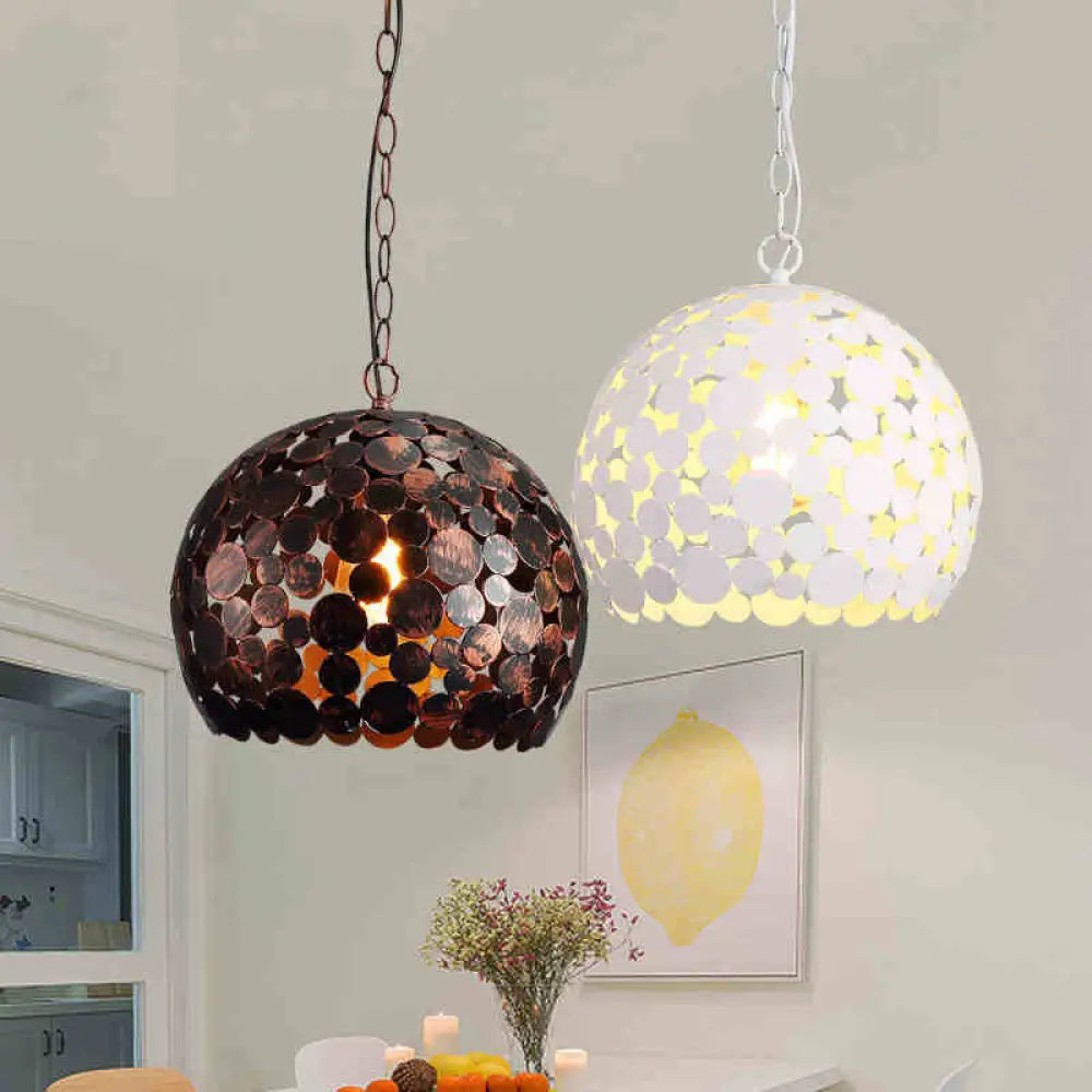 Industrial Metal Rust Finish Pendant Light - Spherical Hanging Lamp Kit For Dining Room