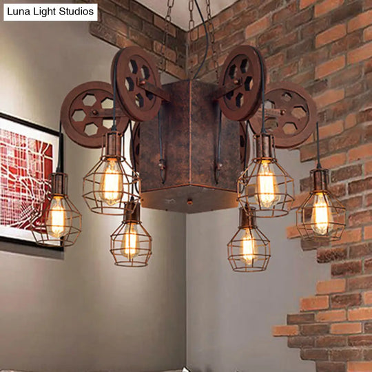 Industrial Metal Rust Pendant Lamp - Caged Globe 4/6-Light Chandelier With Gear Fixture