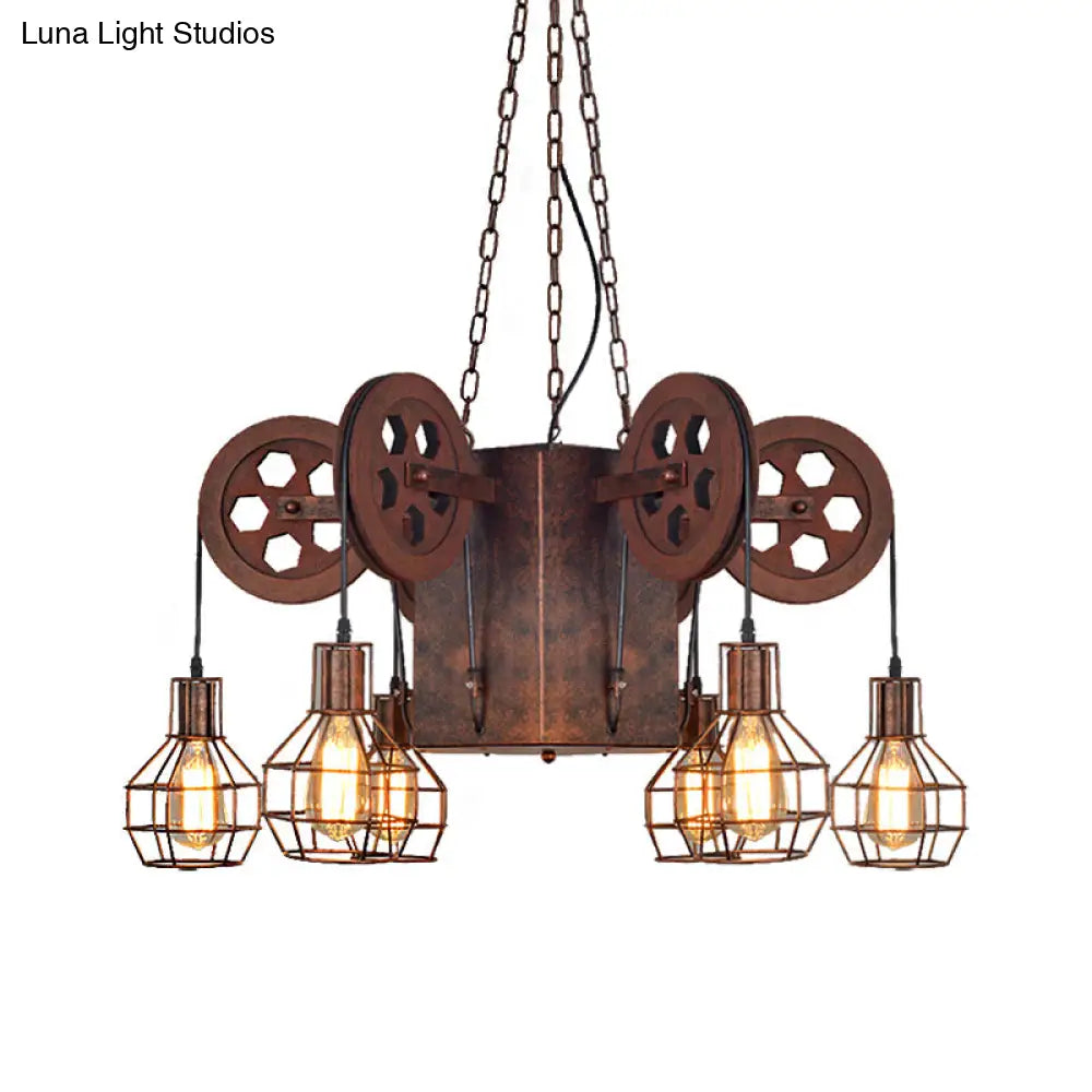 Industrial Metal Rust Pendant Lamp With Caged Globe - 4/6 Light Chandelier Fixture And Gear