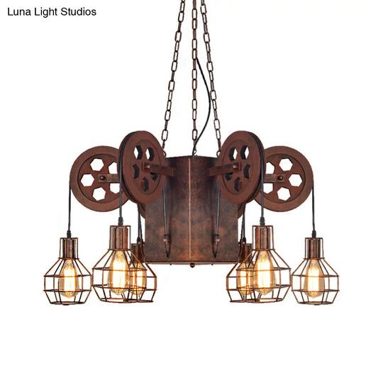 Industrial Metal Rust Pendant Lamp With Caged Globe - 4/6 Light Chandelier Fixture And Gear