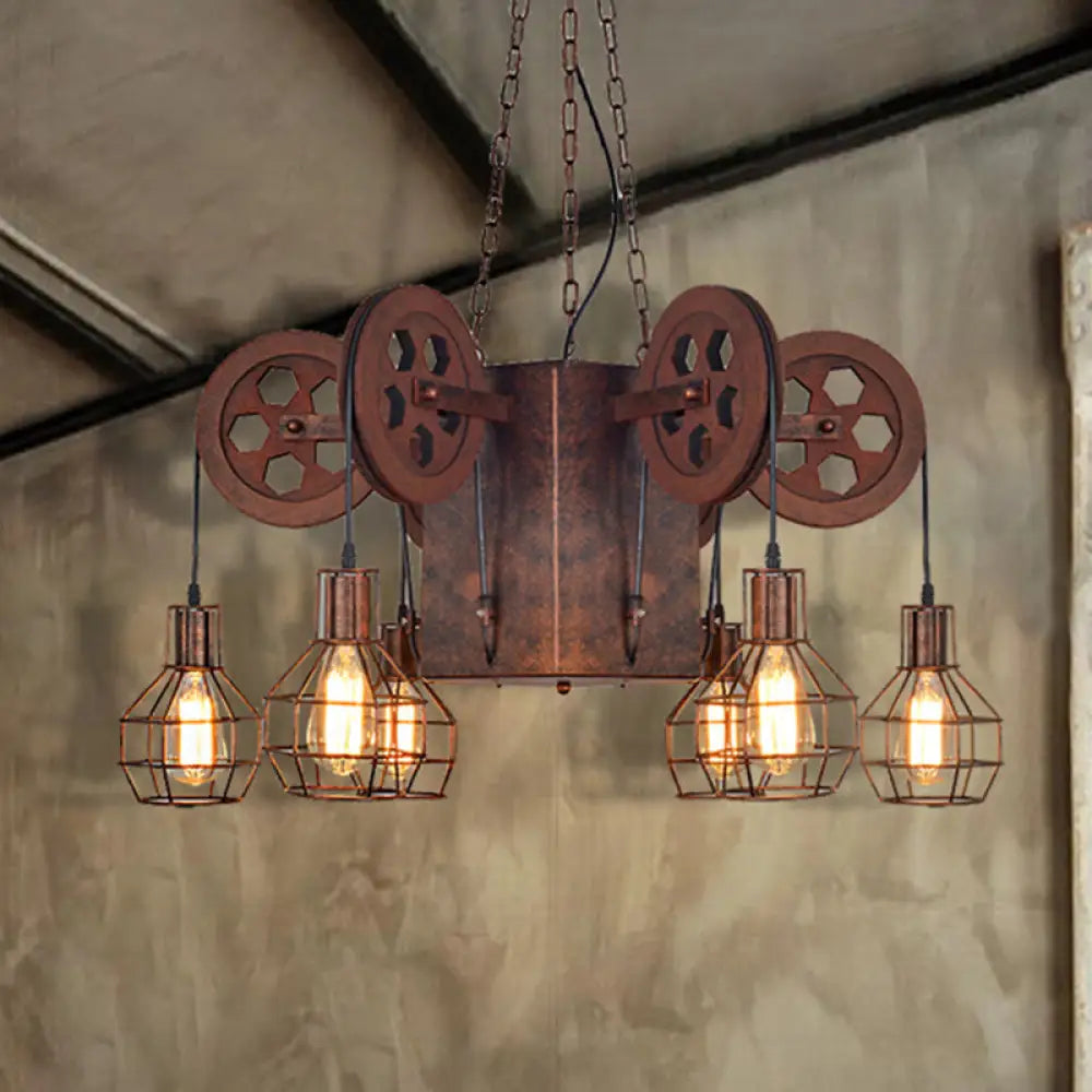 Industrial Metal Rust Pendant Lamp With Caged Globe - 4/6 Light Chandelier Fixture And Gear 6 /