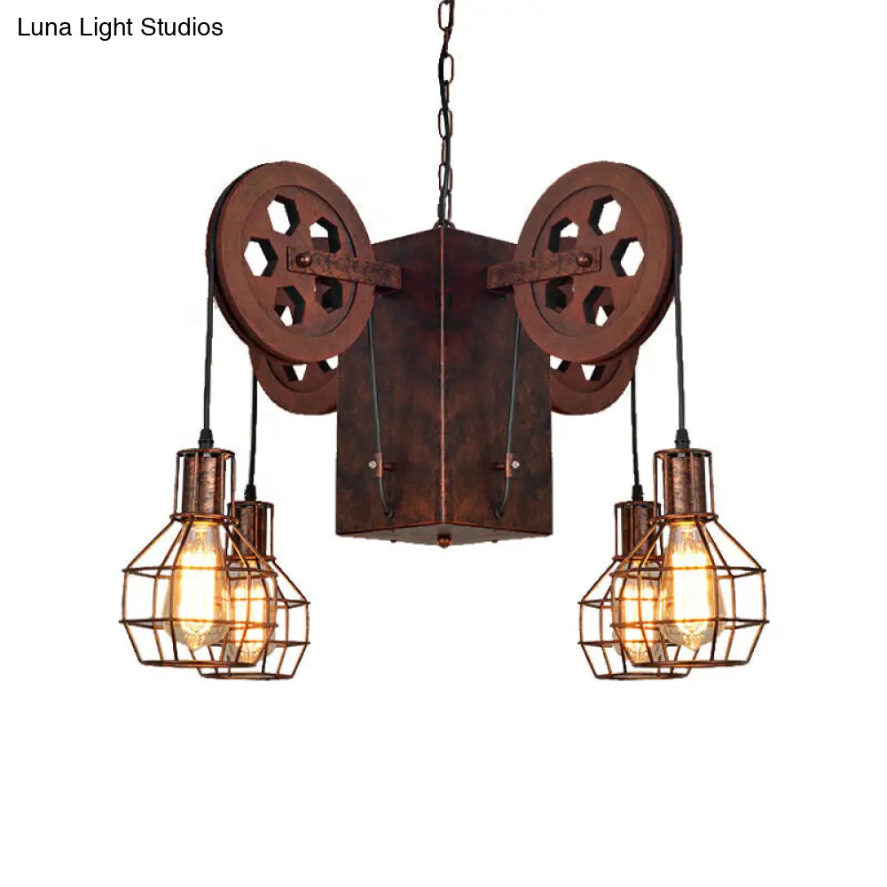 Industrial Metal Rust Pendant Lamp - Caged Globe 4/6-Light Chandelier With Gear Fixture