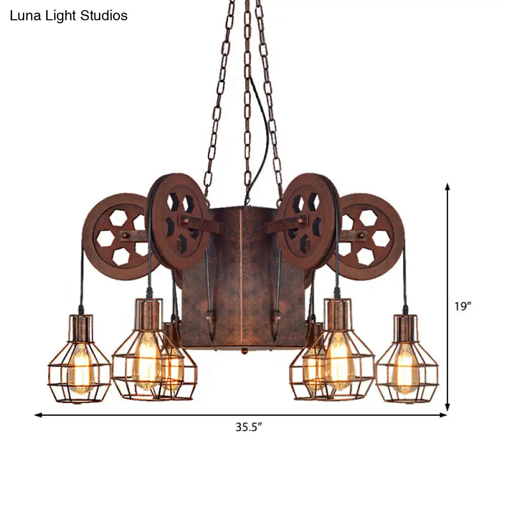 Industrial Metal Rust Pendant Lamp - Caged Globe 4/6-Light Chandelier With Gear Fixture