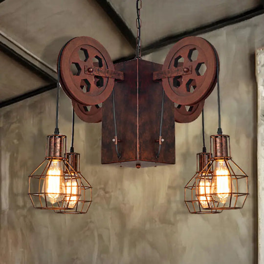 Industrial Metal Rust Pendant Lamp With Caged Globe - 4/6 Light Chandelier Fixture And Gear 4 /