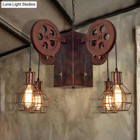 Industrial Metal Rust Pendant Lamp - Caged Globe 4/6-Light Chandelier With Gear Fixture 4 /