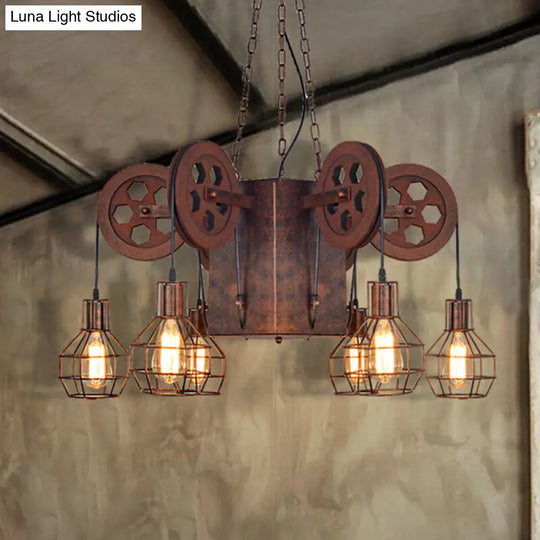 Industrial Metal Rust Pendant Lamp - Caged Globe 4/6-Light Chandelier With Gear Fixture 6 /